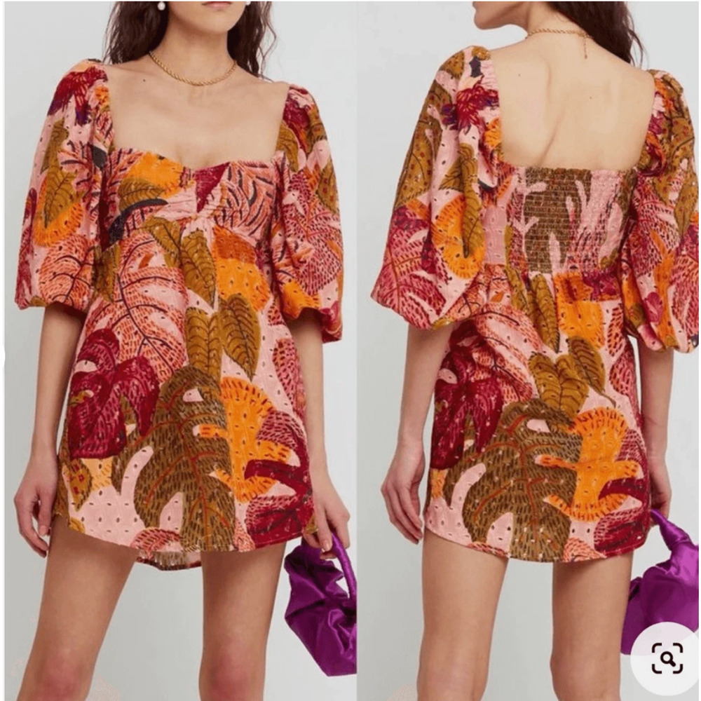 Kourt Robbie Dress‎ tropical floral eyelet puff sleeve mini size Large